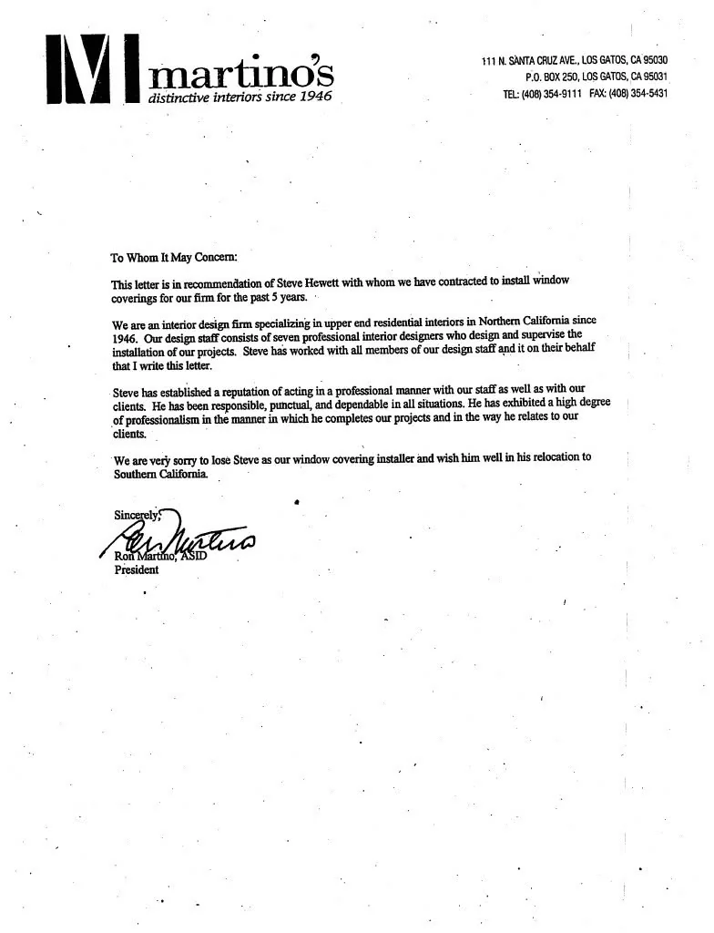 Recommendation letter from Martino's distinctive interiors