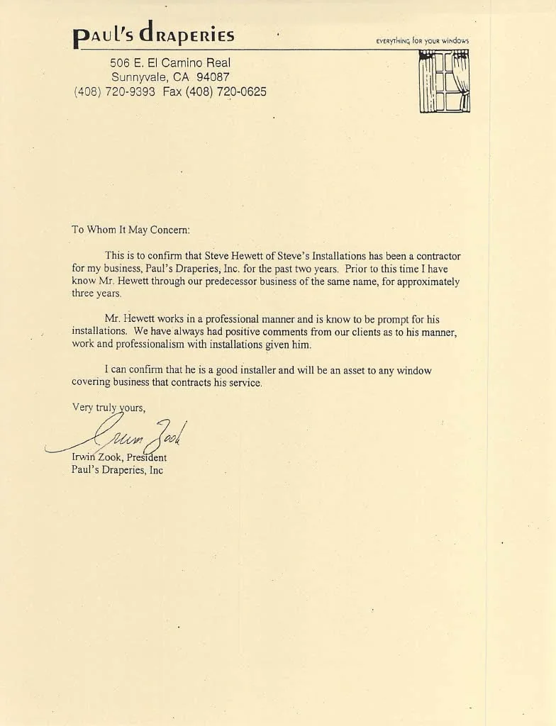 Recommendation letter from Paul's Draperies